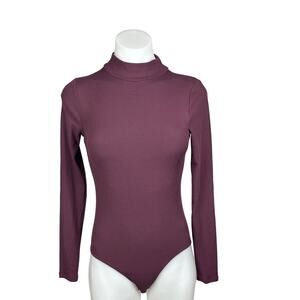 Girlfriend Collective Women's Maroon Ribbed Built In Bra Mock Neck Bodysuit S